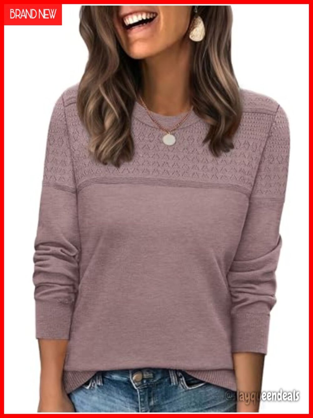 Womens Cable Knit Crochet Front Pullover Sweater Crewneck Long Sleeve